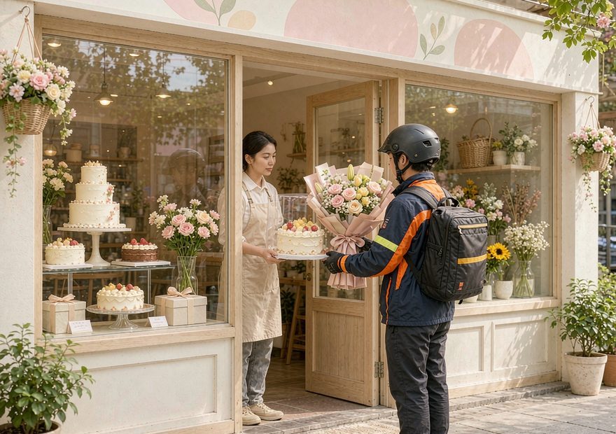 蛋糕与鲜花店交付骑手场景