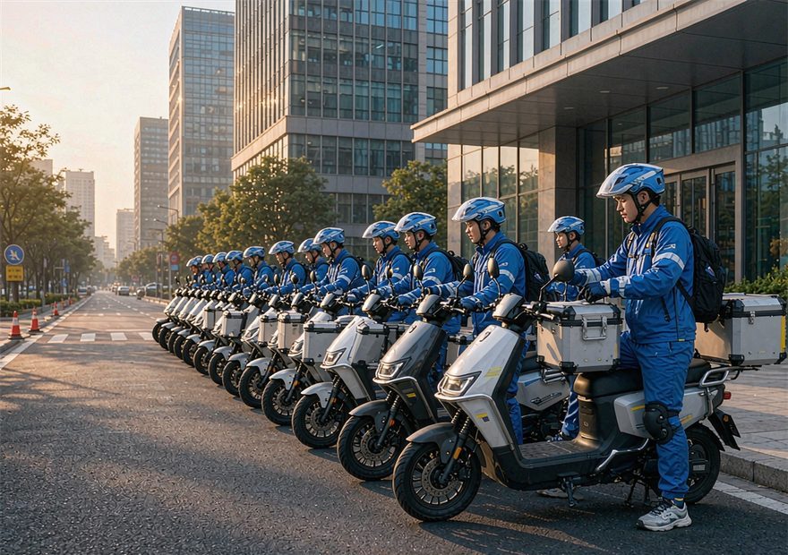 跑腿配送公司的骑手团队整装待发